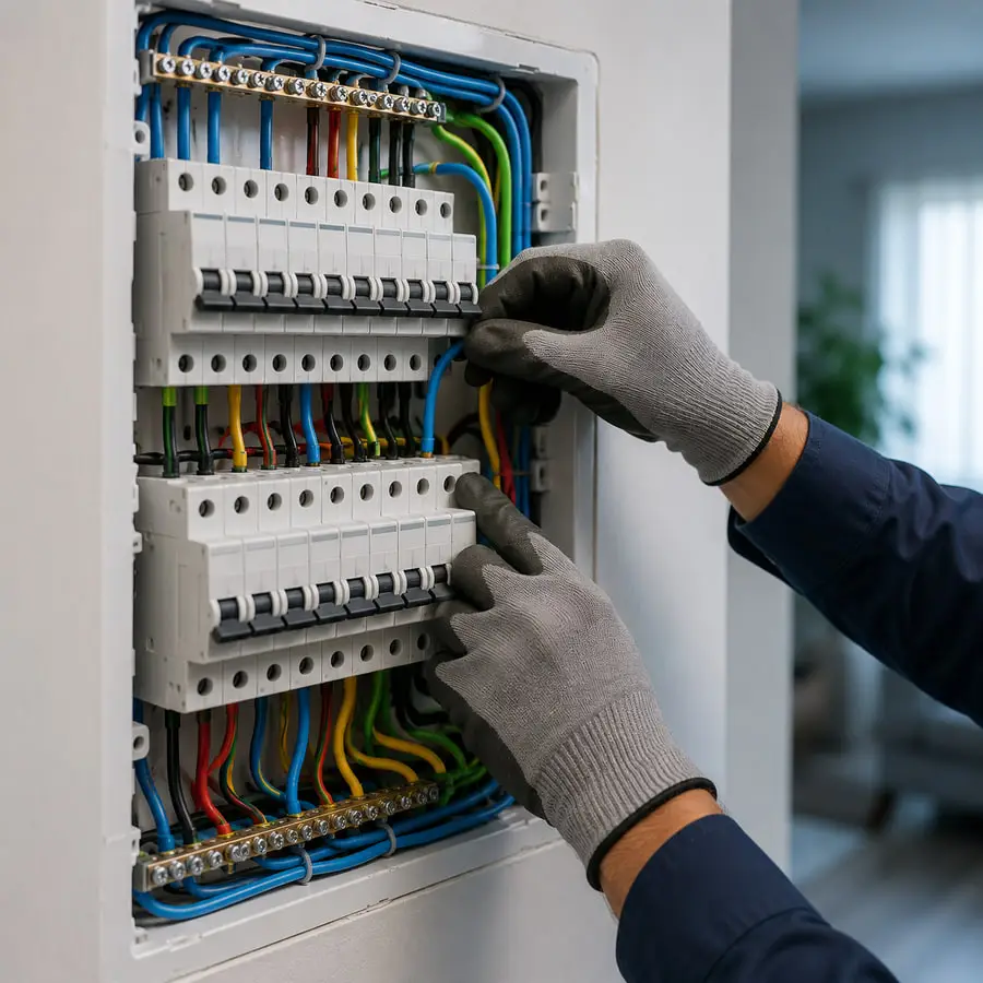 Eletricista organizando a fiação de um quadro de disjuntores residencial